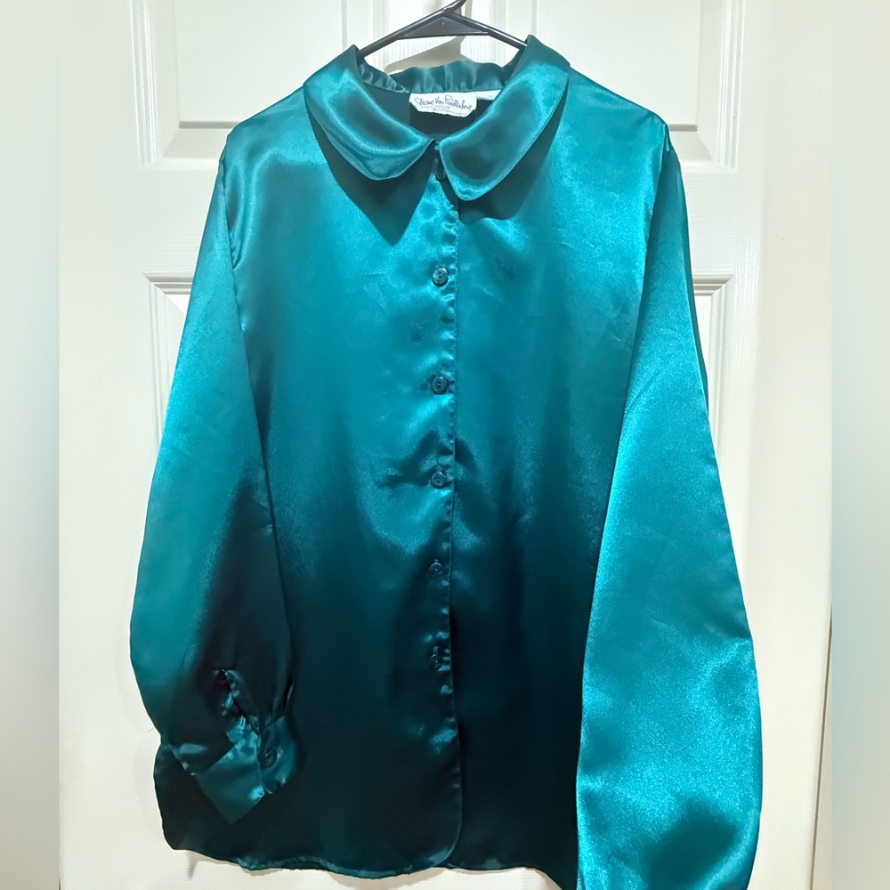 Diane Von Furstenberg Teal Satin Button-Up Blouse